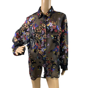 Joanna Plus Womens Sheer Floral Top 1X Black Multi Color Garden Girl Cottagecore
